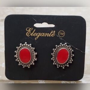 Elegante' Vintage Clip Earrings**Red Ovals In Silver**NOS**Style 1316